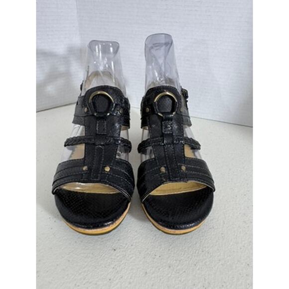 "BUSSOLA" Black Wedge Summer Sandals Strappy Metal Accents Size 7.5 (38) Cork - Picture 2 of 9